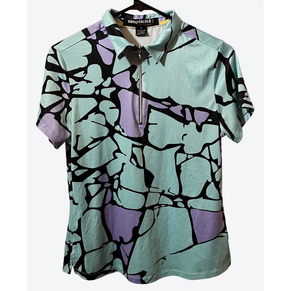 Jamie Sadock Small Simplicite Short Sleeve 1/4 Zip Active Top Green Purple Black